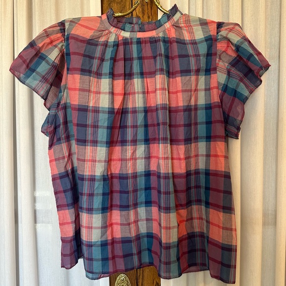 Trovata Birds of Paradis Blue Pink Plaid Carla High Neck Shirt - Picture 2 of 13
